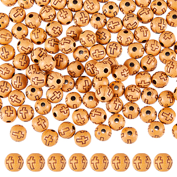 600Pcs Imitation Wood Acrylic Beads, Round with Cross Pattern, Sandy Brown, 8mm, Hole: 2mm