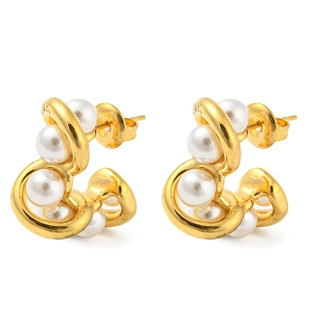 Ion Plating(IP) 304 Stainless Steel Stud Earrings, with Plastic Imitation Pearl, Golden, 21.5x9mm