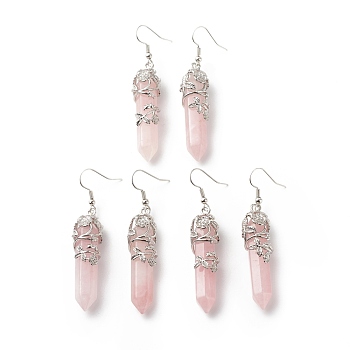 Natural Rose Quartz Bullet with Flower Dangle Earrings, Platinum Tone Brass Jewelry for Women, Cadmium Free & Lead Free, 62~63mm, Pin: 0.6mm