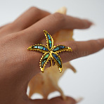 304 Stainless Steel Cuff Rings for Women, Starfish, with Enamel, Real 18K Gold Plated, 36x41mm(RJEW-F193-02G)