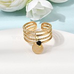 304 Stainless Steel Open Cuff Rings for Women, with Flat Round Charms, with Resin Round Beads, Golden, 9mm, Inner Diameter: 17.6mm(RJEW-K258-16G)