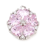 Brass Pave Pink Cubic Zirconia Pendants, Flower with Heart Charms, Rack Plating, Long-Lasting Plated, Lead Free & Cadmium Free, Platinum, 18x16x5mm, Hole: 1.5mm(CU-CBAF1EE-03P)