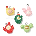 Cute Animal Theme Opaque Resin Pendants, Cactus Charm, with Stainless Steel Loop, Stainless Steel Color, Mixed Color, 17~22.5x15~21.5x7.5~8mm, Hole: 2mm(RESI-B044-15P)