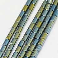 Electroplate Non-magnetic Synthetic Hematite Beads Strands, Column, Grade A, Green Plated, 5x3mm, Hole: 1mm, about 80pcs/strand, 16 inch(G-J162-C-07)
