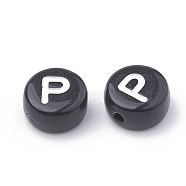 Opaque Acrylic Beads, Horizontal Hole, Alphabet Style, Flat Round, Letter.P, 7x4mm, Hole: 1.5mm, about 3700pcs/500g(SACR-N002-02P)