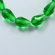Glass Beads Strands, Faceted, teardrop, Green, 15x10mm, Hole: 2mm, about 48pcs/strand, 27.56 inch(70cm)(GLAA-R024-15x10mm-6)