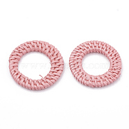 Handmade Spray Painted Reed Cane/Rattan Woven Linking Rings, For Making Straw Earrings and Necklaces,  Dyed, Pearlized Effect, Flamingo, 43~47x4~6mm, inner diameter: 22~28mm(WOVE-N007-01C)