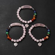 Natural Rose Quartz & Mixed Gemstone Beaded Stretch Bracelet with Heart Charm for Women, Inner Diameter: 2-1/8 inch(5.5cm)(BJEW-K164-B26)