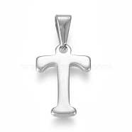 304 Stainless Steel Pendants, Stainless Steel Color, Initial Letter.T, 20x13.5x1.8mm, Hole: 3x7mm(STAS-F106-95P-T-01)