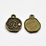 Antique Bronze Plated Alloy Rhinestone Charms, Flat Round with Letter.B, Nickel Free, 13x10x1.5mm, Hole: 1mm(ALRI-J152-B-NF)