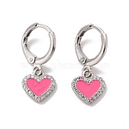 Clear Cubic Zirconia Heart Dangle Leverback Earrings with Pink Enamel, Rack Plating Brass Jewelry for Women, Cadmium Free & Lead Free, Platinum, 22.5mm, Pin: 0.8mm(EJEW-C030-11P)