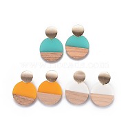 Flat Round Resin & Wood Stud Earrings, with Brass Ear Stud Findings and Brass Ear Nuts, Packing Box, Real 18K Gold Plated, Mixed Color, 41~42x28.5~29.5x4mm, Pin: 0.7mm(EJEW-JE02999-M)