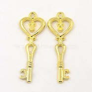 Tibetan Style Alloy Pendants, Key Pendants, Cadmium Free & Lead Free, Golden, 42x14.5x2.5mm, Hole: 2mm(X-K07VU011)