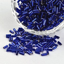 Tube Silver Lined Round Hole Glass Bugle Beads, Blue, 3~5x1.8~2mm, Hole: 0.8mm, about 1200pcs/50g(X-SEED-I001-28)