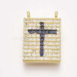 Brass Micro Pave Cubic Zirconia Pendants, Rectangle with Cross, Golden, Marine Blue, 16x11x2mm, Hole: 1mm(ZIRC-T006-41G-01)