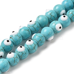 Synthetic Turquoise Enamel Beads Strands, Round with Evil Eye, Medium Turquoise, 8.5~9.5x8mm, Hole: 1.2mm, about 50~53pcs/strand, 14.13''~15.04''(35.9~38.2cm)(G-P507-17A)