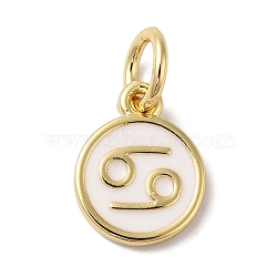 Real 18K Gold Plated Brass Enamel Charms, with Jump Ring, Long-Lasting Plated, Lead Free & Cadmium Free, Flat Round with Cancer Charms, White, 10x8x1mm, Hole: 4mm(KK-L216-001G-B02)