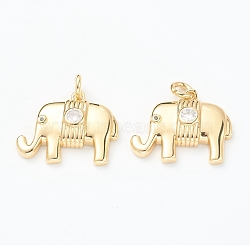 Brass Micro Pave Clear Cubic Zirconia Pendants, Long-Lasting Plated, with Jump Ring, Elephant, Golden, 15.5x19x4mm, Hole: 2mm(ZIRC-B010-39G)