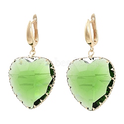 Glass Heart Dangle Hoop Earrings, Light Gold Brass Earrings, Lime, 50x27.5mm(EJEW-Q800-18KCG)