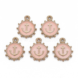 Alloy Enamel Pendants, Light Gold, Cadmium Free & Nickel Free & Lead Free, Flat Round with Anchor, Light Salmon, 17.5x14.5x2mm, Hole: 1.6mm(X-ENAM-N055-016C-NR)