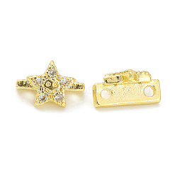 Rack Plating Brass Pave Cubic Zirconia Slide Charms, Cadmium Free & Lead Free, Long-Lasting Plated, Star with Smiling Face Pattern, Real 18K Gold Plated, 7x10x5mm, Hole: 1.4mm(KK-G464-02G)
