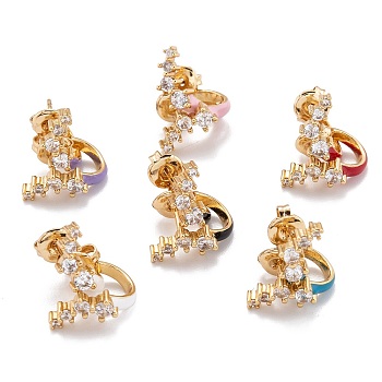 Brass Micro Pave Clear Cubic Zirconia Half Hoop Earrings, with Enamel and Ear Nuts, Golden, Mixed Color, 13x9x12mm, Pin: 0.8mm