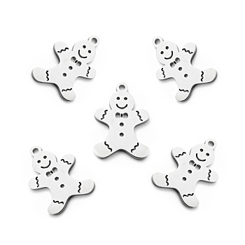 201 Stainless Steel Pendants, Christmas Theme, Gingerbread Man, Stainless Steel Color, 19x13x1mm, Hole: 1.5mm