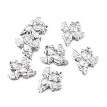 304 Stainless Steel Pendants, Fly Pig, Stainless Steel Color, 23.2x20x4.3mm, Hole: 1.6mm