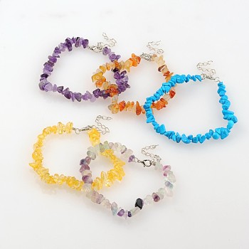 Mixed Stone Chips Beaded Anklets, with Zinc Alloy Lobster Claw Clasps and Iron End Chains, Platinum, 230mm