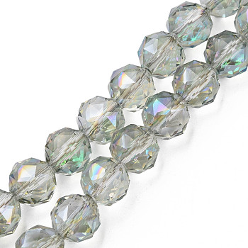 Electroplate Transparent Glass Beads Strands, Faceted, Round, Light Green, 10x8.5mm, Hole: 1.2mm, about 60pcs/strand, 20.47 inch(52cm)
