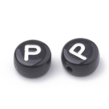 Opaque Acrylic Beads, Horizontal Hole, Alphabet Style, Flat Round, Letter.P, 7x4mm, Hole: 1.5mm, about 3700pcs/500g