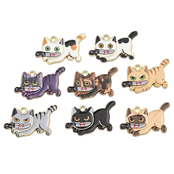 Printed Alloy Pendants, with Enamel, Golden, Cadmium Free & Nickel Free & Lead Free, Cat with Knife Shape Charms, Mixed Color, 17x29x1.5mm, Hole: 2mm