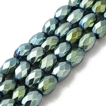 Electroplated Strong Magnetic Synthetic Hematite Beads Strands, Long-Lasting Plated, Faceted Oval, Green Plated, 7~8x5~5.5mm, Hole: 1.4mm, about 50pcs/strand, 15.35''(39cm)