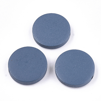 Painted Natural Wood Beads, Flat Round, Steel Blue, 19~20x4~5mm, Hole: 2mm