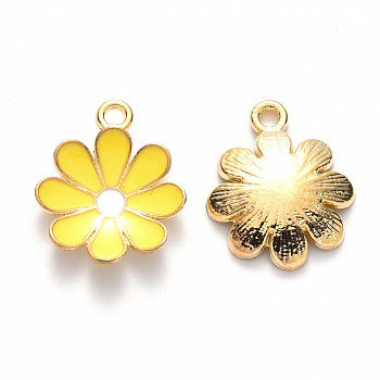 Alloy Enamel Pendants, Flower, Light Gold, Yellow, 19x16x3.5mm, Hole: 1.8mm