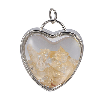 Natural Citrine Chips Pendants, with Platinum Tone Brass Glass Findings, Heart, 37x32x18~18.5mm, Hole: 6mm