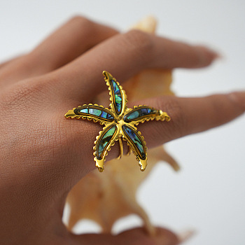 304 Stainless Steel Cuff Rings for Women, Starfish, with Enamel, Real 18K Gold Plated, 36x41mm