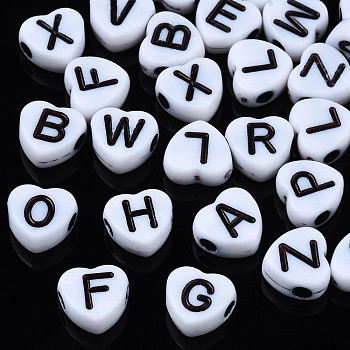 Opaque Acrylic Beads, Heart, White & Black, Random Mixed Letters, 7x7x3mm, Hole: 1.8mm, about 4129pcs/500g