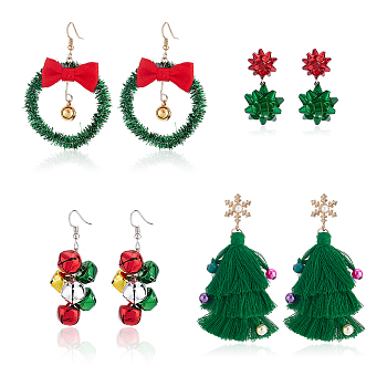 4 Pairs 4 Style Christmas Theme Bell & Bowknot Alloy Dangle Earrings, Star & Tassel Cluster Stud Earrings for Women, Mixed Color, 43.5~80.5mm, Pin: 0.6~0.8mm, 1 Pair/style