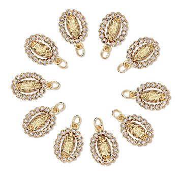 10Pcs Rack Plating Brass Micro Pave Clear Cubic Zirconia Pendants, with Jump Rings, Long-Lasting Plated, Cadmium Free & Lead Free, Oval with Virgin Mary, Real 18K Gold Plated, 17.5x12x3mm, Hole: 3.2mm