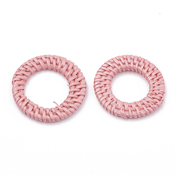 Handmade Spray Painted Reed Cane/Rattan Woven Linking Rings, For Making Straw Earrings and Necklaces,  Dyed, Pearlized Effect, Flamingo, 43~47x4~6mm, inner diameter: 22~28mm