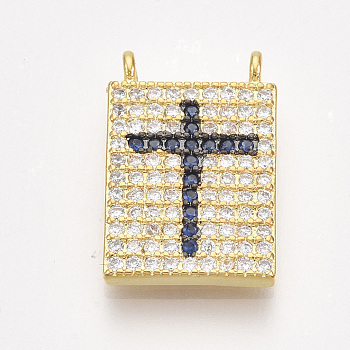 Brass Micro Pave Cubic Zirconia Pendants, Rectangle with Cross, Golden, Marine Blue, 16x11x2mm, Hole: 1mm