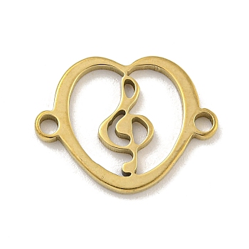 Ion Plating(IP) 201 Stainless Steel Hollow Connector Charms, Heart Links with Musical Note, Real 18K Gold Plated, 11.5x15x1mm, Hole: 1.4mm