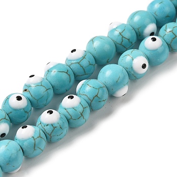 Synthetic Turquoise Enamel Beads Strands, Round with Evil Eye, Medium Turquoise, 8.5~9.5x8mm, Hole: 1.2mm, about 50~53pcs/strand, 14.13''~15.04''(35.9~38.2cm)