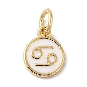 Real 18K Gold Plated Brass Enamel Charms, with Jump Ring, Long-Lasting Plated, Lead Free & Cadmium Free, Flat Round with Cancer Charms, White, 10x8x1mm, Hole: 4mm