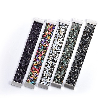 Fashionable Velvet Cord Wide Bracelets, with 304 Stainless Steel Magnetic Clasps, Rhinestone and Natural & Synthetic Mixed Stone Chip Beads, 7-1/4 inch~7-3/8 inch(18.5~18.7cm), 14.5x3~3.5mm