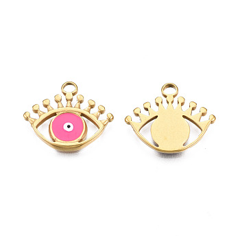304 Stainless Steel Enamel Pendants, Real 18K Gold Plated, Evil Eye, Hot Pink, 16.5x20x2mm, Hole: 2mm