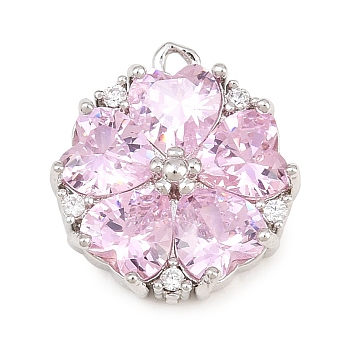 Brass Pave Pink Cubic Zirconia Pendants, Flower with Heart Charms, Rack Plating, Long-Lasting Plated, Lead Free & Cadmium Free, Platinum, 18x16x5mm, Hole: 1.5mm