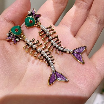 Alloy Imitation Pearl Fishbone Dangle Stud Earrings, with Enamel, Golden, 60mm