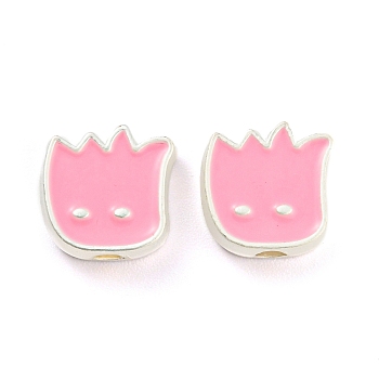 Alloy Enamel Beads, Matte Silver Color, Flower, Hot Pink, 10x10x4mm, Hole: 2mm
